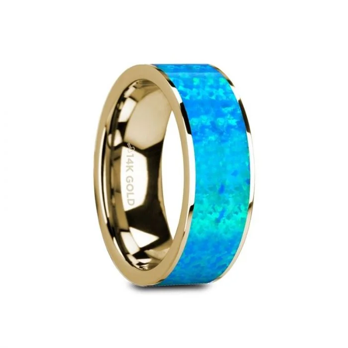 Men's silicone fitness rings for active lifestylesThorsten GANYMEDE 14K Yellow Gold with Blue Opal Inlay and Polished Edges Flat Band - 8mm Men's silicone fitness rings for active lifestylesThorsten GANYMEDE 14K Yellow Gold with Blue Opal Inlay and Polished Edges Flat Band - 8mm