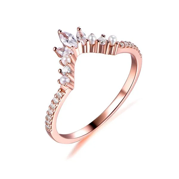 Cushion - cut diamond anniversary rings with a romantic appealPearl and Marquise Diamond or Moissanite Tiara Curved June Birthstone Band Cushion - cut diamond anniversary rings with a romantic appealPearl and Marquise Diamond or Moissanite Tiara Curved June Birthstone Band