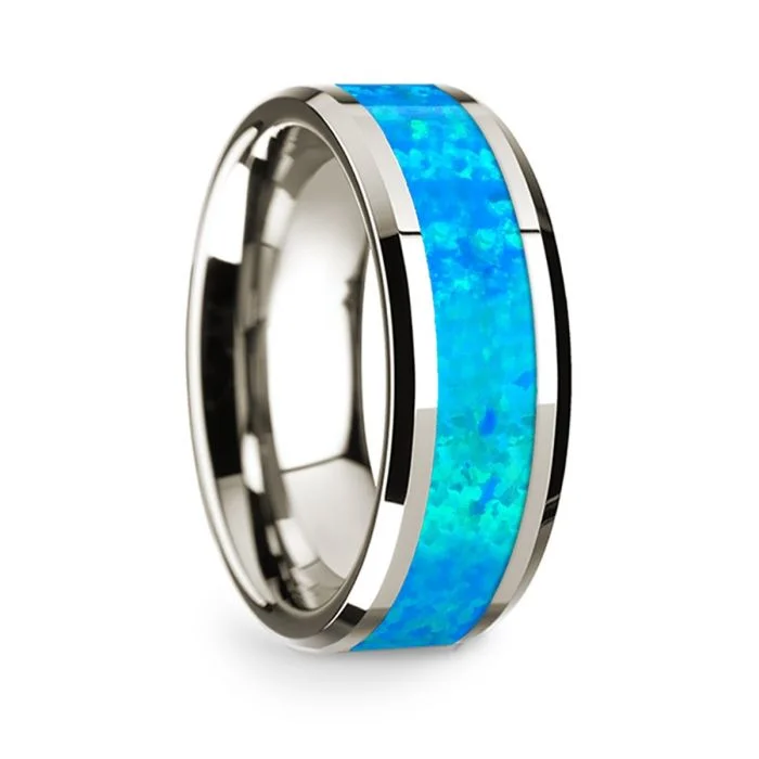 Men's budget - friendly rings for cost - conscious shoppersThorsten 14k White Gold Polished Beveled Edges Wedding Ring with Blue Opal Inlay - 8 mm Men's budget - friendly rings for cost - conscious shoppersThorsten 14k White Gold Polished Beveled Edges Wedding Ring with Blue Opal Inlay - 8 mm