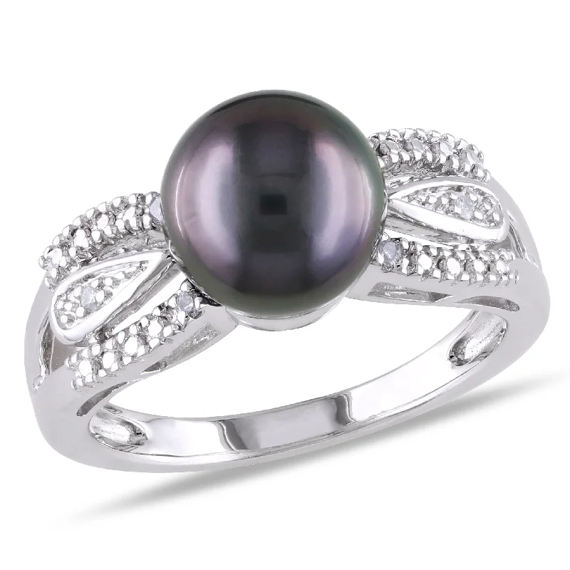Miadora 9-9.5mm Black Tahitian Pearl and Diamond Split Shank Ring in Sterling Silver Miadora 9-9.5mm Black Tahitian Pearl and Diamond Split Shank Ring in Sterling Silver