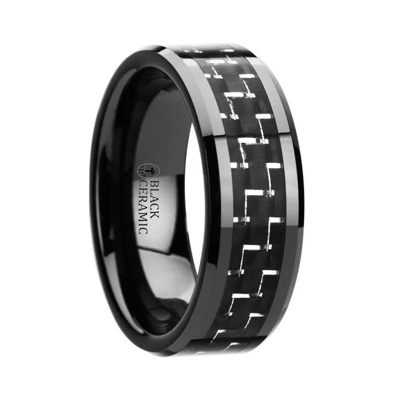 Men's meteorite - inlay rings for a cosmic touchThorsten TITAN Black Beveled Ceramic Ring with Silver & Black Carbon Fiber Inlay - 8mm Men's meteorite - inlay rings for a cosmic touchThorsten TITAN Black Beveled Ceramic Ring with Silver & Black Carbon Fiber Inlay - 8mm