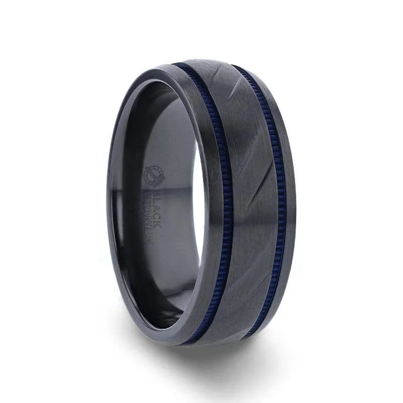 Men's music - note rings for musiciansThorsten PATROL Black Titanium Carved Diagonal Pattern Brushed Finish Men’s Wedding Ring with Blue Milgrain Grooves – 8mm Men's music - note rings for musiciansThorsten PATROL Black Titanium Carved Diagonal Pattern Brushed Finish Men’s Wedding Ring with Blue Milgrain Grooves – 8mm