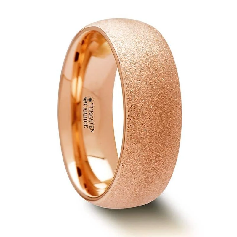 Men's leather - wrapped rings for a rustic charmThorsten EMBER Domed Tungsten Carbide Ring with Rose Gold Plating and Sandblasted Crystalline Finish - 2mm - 8mm Men's leather - wrapped rings for a rustic charmThorsten EMBER Domed Tungsten Carbide Ring with Rose Gold Plating and Sandblasted Crystalline Finish - 2mm - 8mm