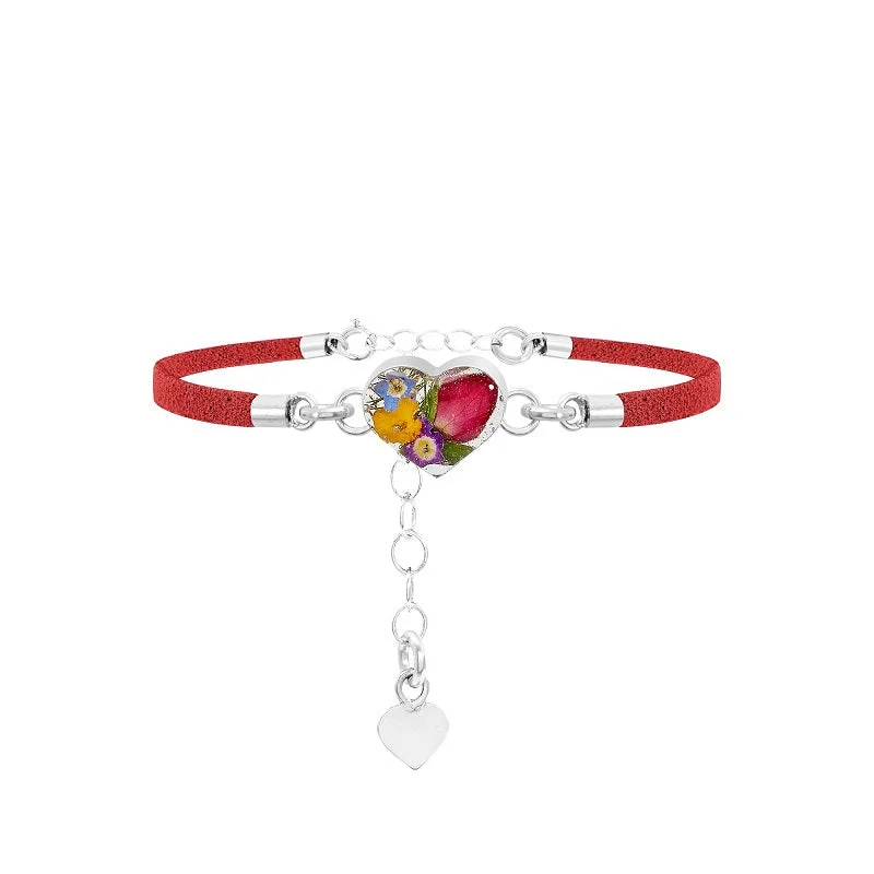 Shrieking Violet Mixed Flowers Sterling Silver Vegan Suede Bracelet