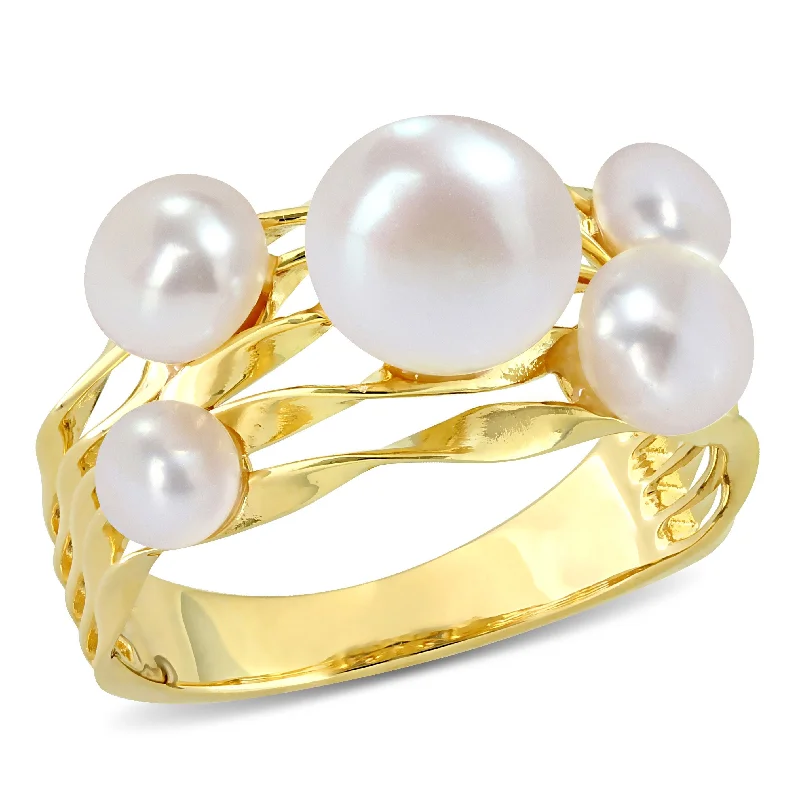 Miadora 4-7.5mm Cultured Freshwater Pearl Cocktail Coil Ring in Yellow Plated Sterling Silver Miadora 4-7.5mm Cultured Freshwater Pearl Cocktail Coil Ring in Yellow Plated Sterling Silver