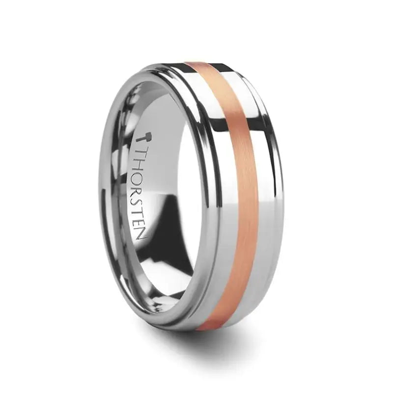 Men's leather - wrapped rings for a rustic charmNICOLAUS Rose Gold Inlaid Raised Center Tungsten Carbide Ring Men's leather - wrapped rings for a rustic charmNICOLAUS Rose Gold Inlaid Raised Center Tungsten Carbide Ring