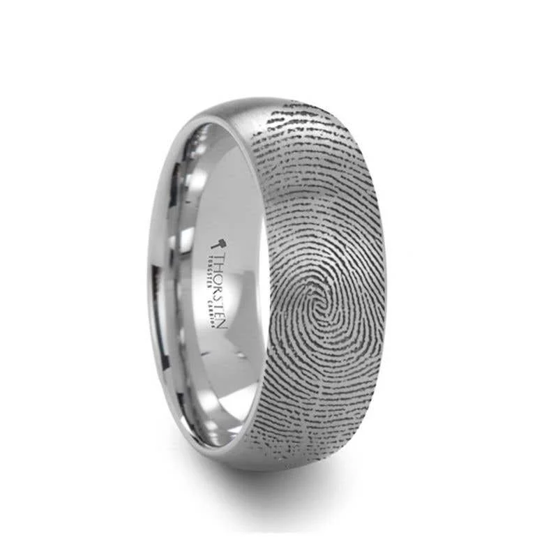 Men's meteorite - inlay rings for a cosmic touchThorsten Fingerprint Ring Engraved Domed Tungsten Ring Brushed Ring - 4mm to 12mm Men's meteorite - inlay rings for a cosmic touchThorsten Fingerprint Ring Engraved Domed Tungsten Ring Brushed Ring - 4mm to 12mm