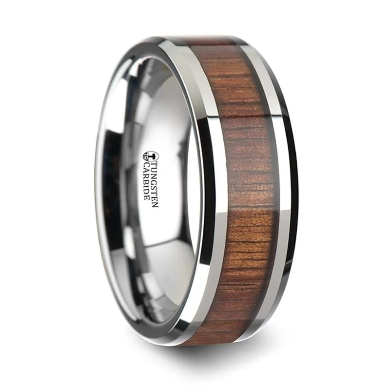 Men's hematite - ring for a metallic gray lusterKONA Koa Wood Inlay Tungsten Carbide Ring with Bevels Men's hematite - ring for a metallic gray lusterKONA Koa Wood Inlay Tungsten Carbide Ring with Bevels