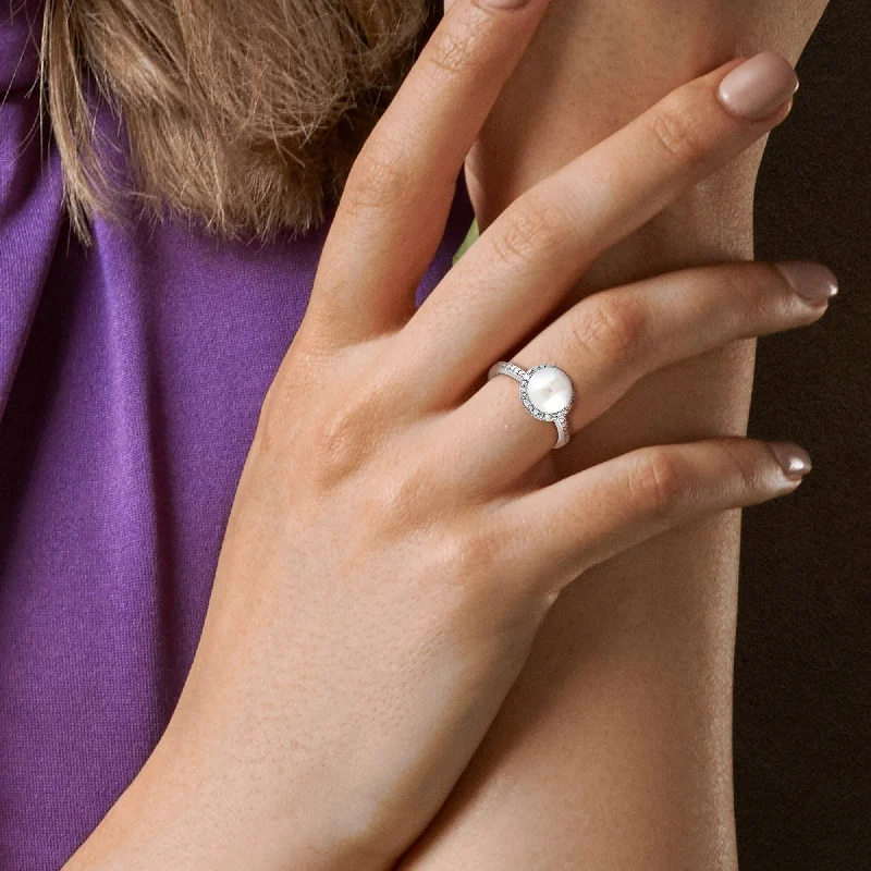 Miadora 8-8.5mm Japanese Akoya Cultured Pearl 1/10 CT TW Diamond Ring Sterling Silver Miadora 8-8.5mm Japanese Akoya Cultured Pearl 1/10 CT TW Diamond Ring Sterling Silver