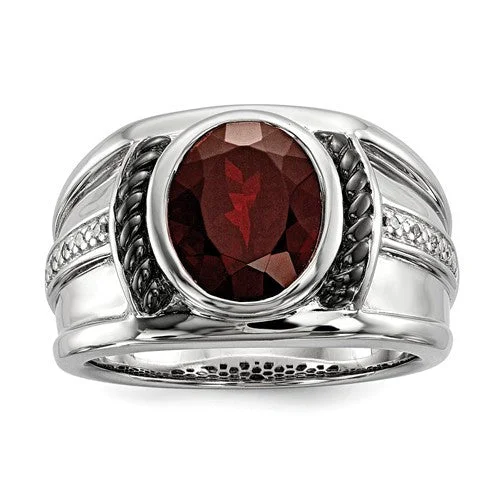 Men's laser - engraved rings with custom messagesSterling Silver Garnet & Diamond Oval Black Rhodium-Plated Men's Ring Men's laser - engraved rings with custom messagesSterling Silver Garnet & Diamond Oval Black Rhodium-Plated Men's Ring