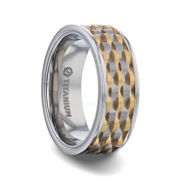 Men's shock - resistant rings for durabilityMONTROSE Wavy Gold And Gunmetal Texture Pattern Inlaid Titanium Men's Wedding Band With Flat Polished Profile Men's shock - resistant rings for durabilityMONTROSE Wavy Gold And Gunmetal Texture Pattern Inlaid Titanium Men's Wedding Band With Flat Polished Profile