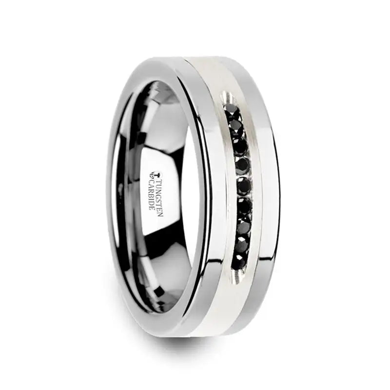 Men's two - tone rings combining silver and goldBLACKSTONE Flat Tungsten Wedding Band with Brushed Silver Inlay Center and 9 Channel Set Black Diamond Men's two - tone rings combining silver and goldBLACKSTONE Flat Tungsten Wedding Band with Brushed Silver Inlay Center and 9 Channel Set Black Diamond