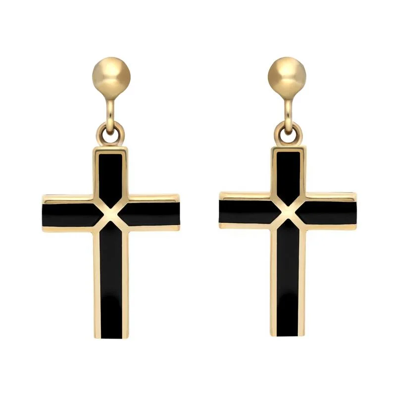 9ct Yellow Gold Whitby Jet Four Stone Cross Drop Earrings D