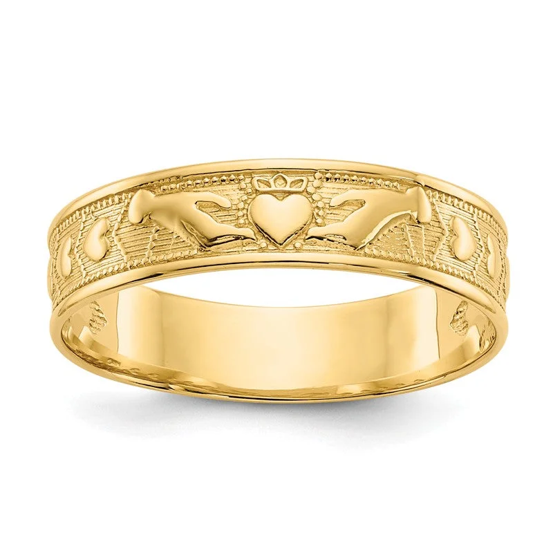 Men's polished brass rings with a warm glow14k Yellow Gold 5mm Wide Claddagh Design Band Men's polished brass rings with a warm glow14k Yellow Gold 5mm Wide Claddagh Design Band