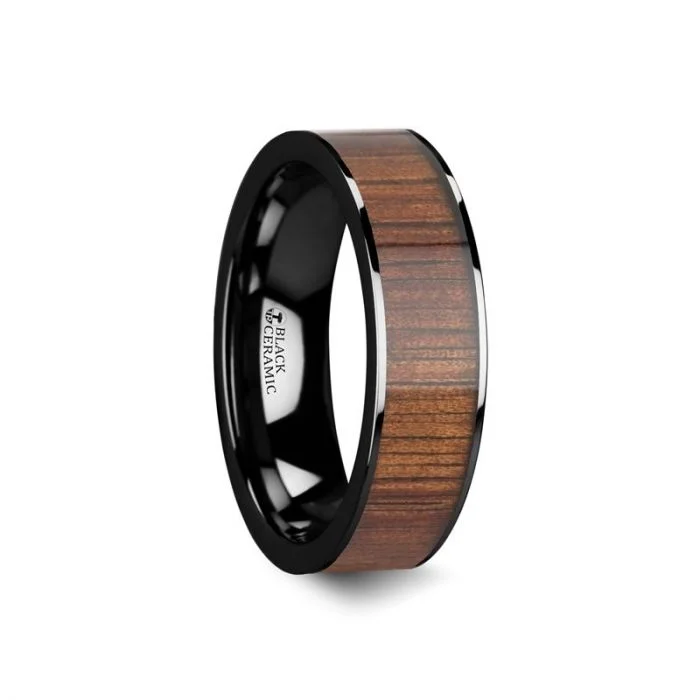 Men's turquoise - inlaid rings for a southwestern feelATREUS Polished Black Ceramic Flat Wedding Band with Koa Wood Inlay Men's turquoise - inlaid rings for a southwestern feelATREUS Polished Black Ceramic Flat Wedding Band with Koa Wood Inlay