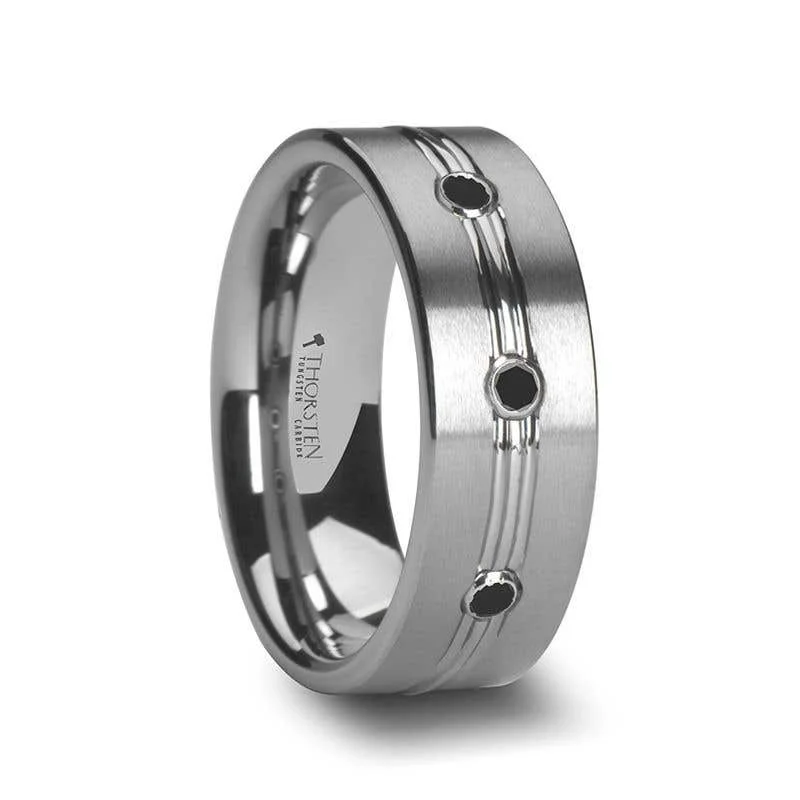 Men's budget - friendly rings for cost - conscious shoppersThorsten ROYALE 3 Black Diamond Satin Finished Tungsten Ring Grooved Center and - 8mm Men's budget - friendly rings for cost - conscious shoppersThorsten ROYALE 3 Black Diamond Satin Finished Tungsten Ring Grooved Center and - 8mm