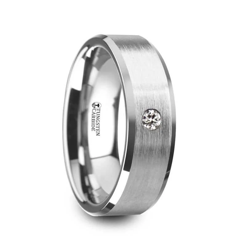 Men's glow - in - the - dark rings for a fun effectThorsten PORTER Brushed Finish Tungsten Carbide Wedding Ring with White Diamond Setting and Beveled Edges- 6 mm & 8 mm Men's glow - in - the - dark rings for a fun effectThorsten PORTER Brushed Finish Tungsten Carbide Wedding Ring with White Diamond Setting and Beveled Edges- 6 mm & 8 mm