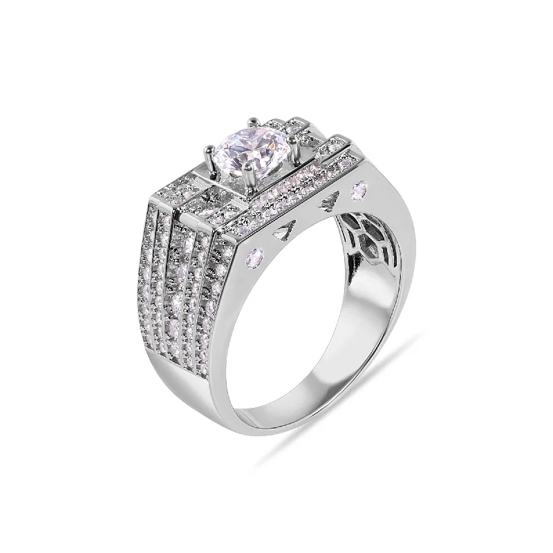 Men's adjustable - size rings for a perfect fitRhodium Plated 925 Sterling Silver Rectangular Clear CZ Studded Top 12mm Ring - GMR00393 Men's adjustable - size rings for a perfect fitRhodium Plated 925 Sterling Silver Rectangular Clear CZ Studded Top 12mm Ring - GMR00393
