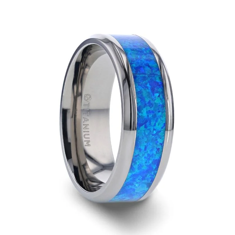 Men's tungsten carbide rings with a brushed textureThorsten GALAXY Titanium Polished Beveled Edge with Blue Green Opal Inlay Ring- 8 mm Men's tungsten carbide rings with a brushed textureThorsten GALAXY Titanium Polished Beveled Edge with Blue Green Opal Inlay Ring- 8 mm