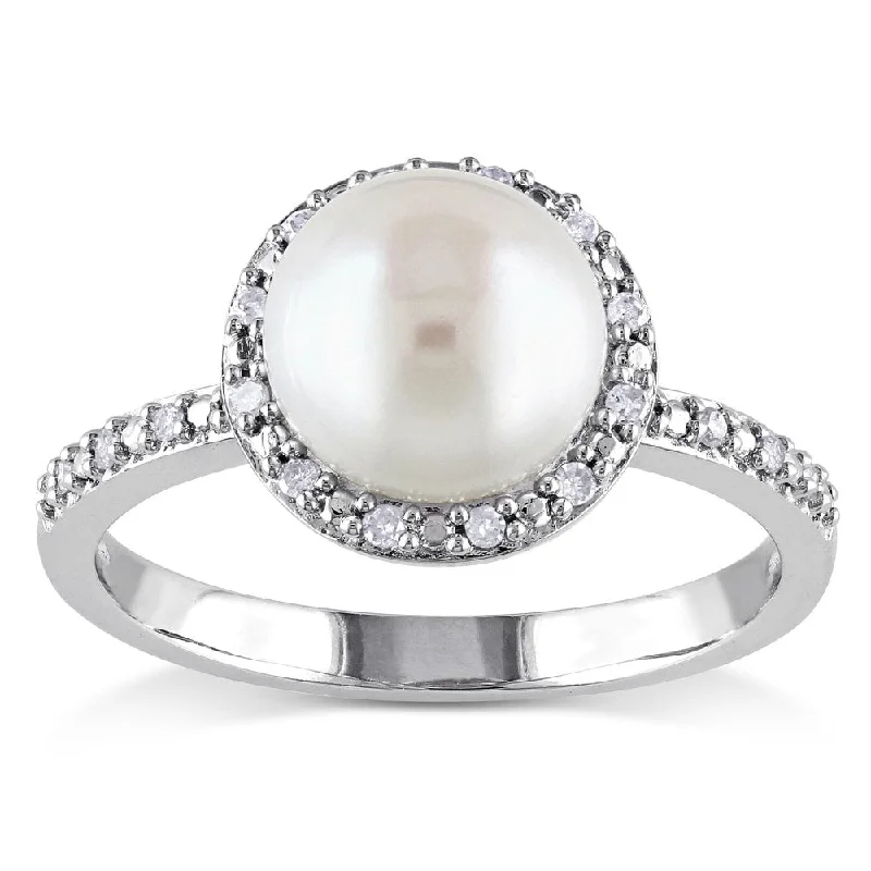 Miadora Silver White Pearl and 1/10ct TDW Diamond Halo Ring (8 - 8.5 mm) (H-I, I2-I3) Miadora Silver White Pearl and 1/10ct TDW Diamond Halo Ring (8 - 8.5 mm) (H-I, I2-I3)