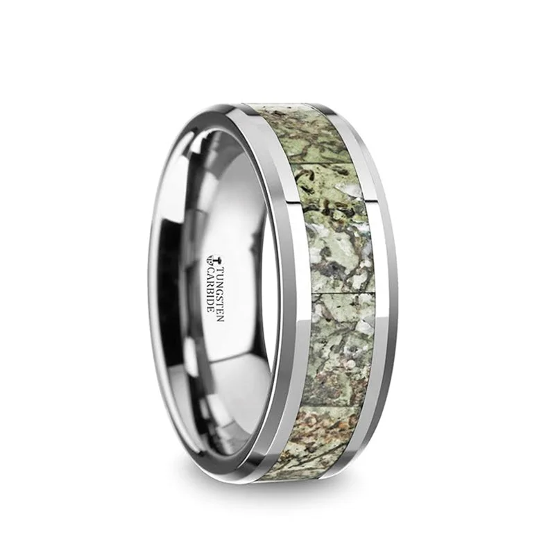 Men's citrine - studded rings for a sunny yellow shadeThorsten TARGARYEN Tungsten Wedding Band Green Dinosaur Bone Inlay & Beveled Edges - 8mm Men's citrine - studded rings for a sunny yellow shadeThorsten TARGARYEN Tungsten Wedding Band Green Dinosaur Bone Inlay & Beveled Edges - 8mm
