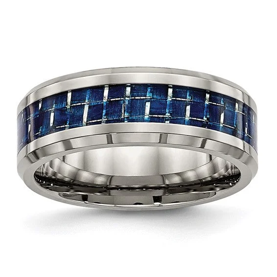 Men's tungsten carbide rings with a brushed textureTitanium Blue Carbon Fiber Inlay Polished 8mm Band Men's tungsten carbide rings with a brushed textureTitanium Blue Carbon Fiber Inlay Polished 8mm Band