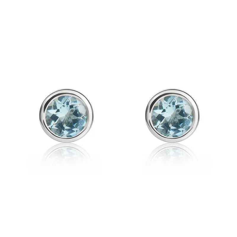 9ct White Gold Aquamarine 4mm Round Rub Over Set Stud Earrings