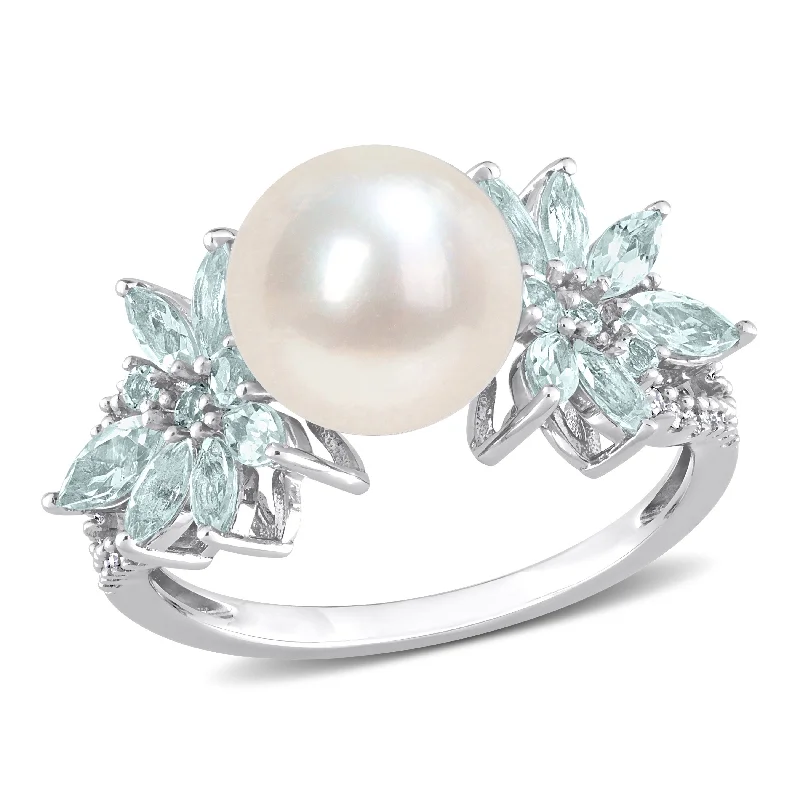 Miadora 9-9.5mm Cultured Freshwater Pearl and 3/5ct TGW Aquamarine and 1/8ct TW Diamond Flower Ring in 14k White Gold Miadora 9-9.5mm Cultured Freshwater Pearl and 3/5ct TGW Aquamarine and 1/8ct TW Diamond Flower Ring in 14k White Gold