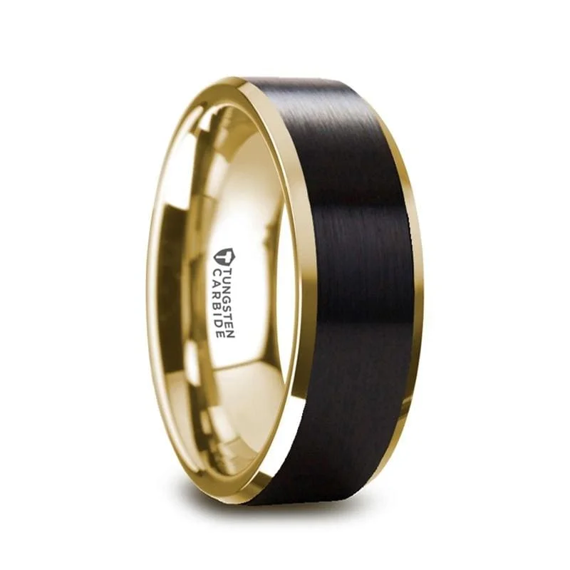 Men's sports - team logo rings for fansGASTON Gold Plated Tungsten Polished Beveled Ring with Brushed Black Center Men's sports - team logo rings for fansGASTON Gold Plated Tungsten Polished Beveled Ring with Brushed Black Center