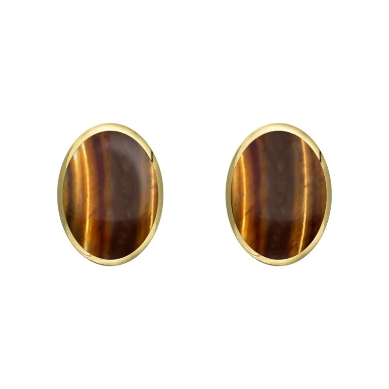 9ct Yellow Gold Tigers Eye 7 x 5mm Classic Small Oval Stud Earrings