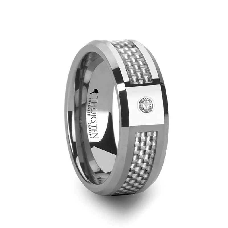 Men's two - tone rings combining silver and goldROYCE Tungsten Carbide Ring with White Carbon Fiber and White Diamond Men's two - tone rings combining silver and goldROYCE Tungsten Carbide Ring with White Carbon Fiber and White Diamond