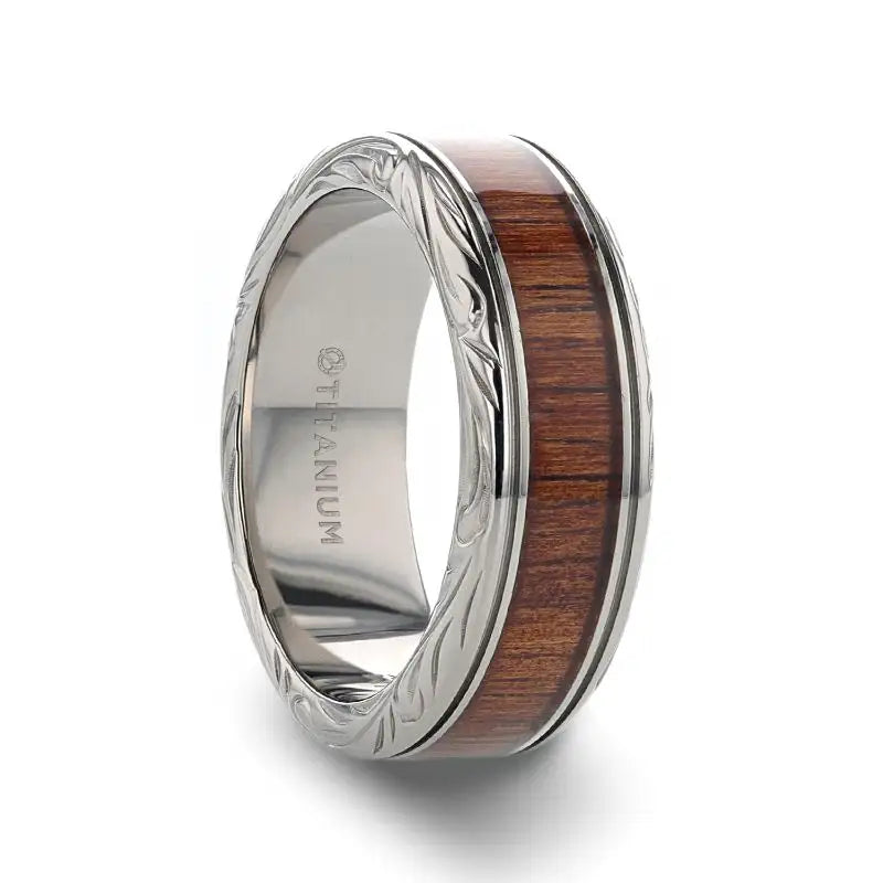 Men's zodiac - sign rings for a personalized touchOHANA Koa Wood Inlaid Titanium Men’s Wedding Ring with Intricate Edges Men's zodiac - sign rings for a personalized touchOHANA Koa Wood Inlaid Titanium Men’s Wedding Ring with Intricate Edges