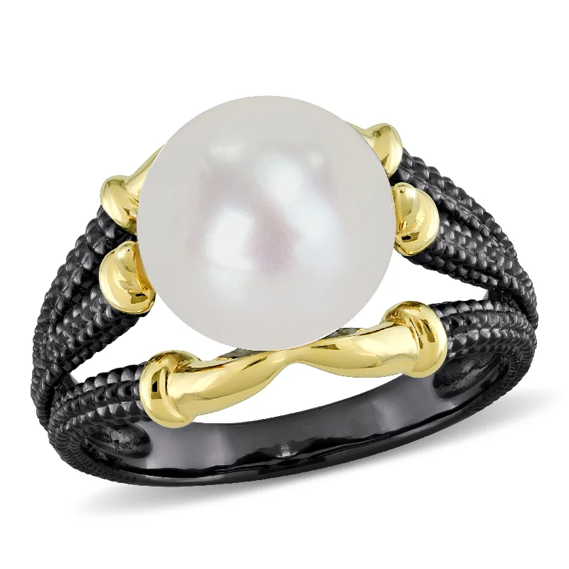 Miadora Mens 10.5-11 mm White Cultured Freshwater Pearl Ring in Yellow and Black Silver Miadora Mens 10.5-11 mm White Cultured Freshwater Pearl Ring in Yellow and Black Silver