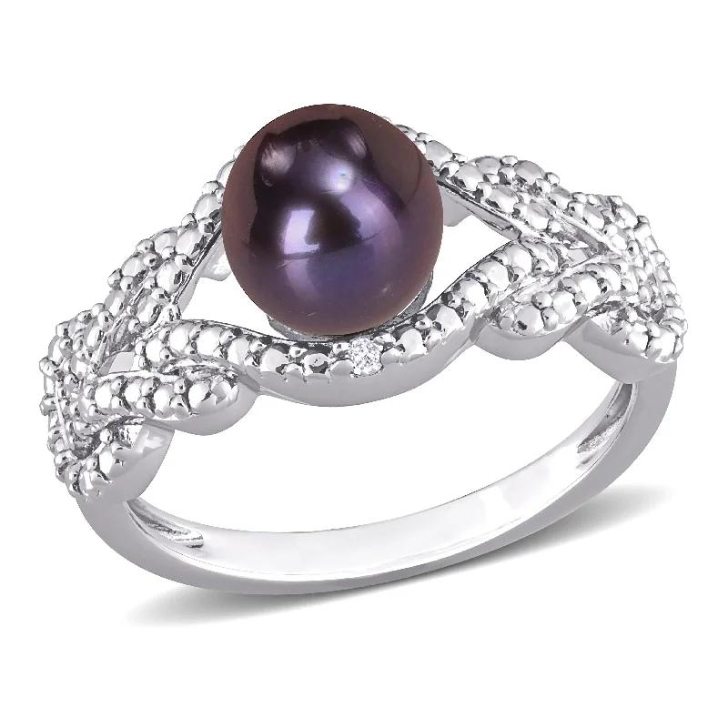 Miadora 7-7.5mm Black Cultured Freshwater Pearl and Diamond Accent Criss-Cross Ring in Sterling Silver Miadora 7-7.5mm Black Cultured Freshwater Pearl and Diamond Accent Criss-Cross Ring in Sterling Silver