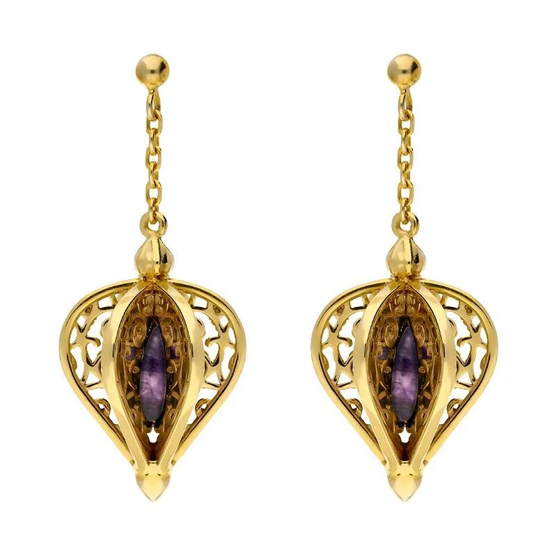 9ct Yellow Gold Blue John Flore Filigree Drop Earrings D