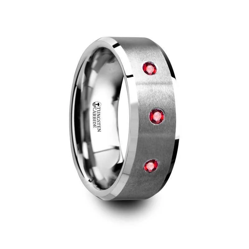 Men's diamond - encrusted engagement rings for a luxurious touchThorsten NEREUS Brushed Tungsten Flat Wedding Band with Polished Beveled Edges & Rubies - 8mm