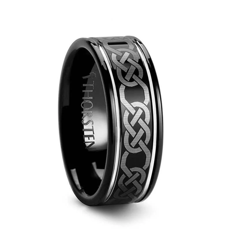 Men's Viking - inspired rings with ancient symbolsThorsten KILKENNY Black Tungsten Ring with Celtic Pattern - 8mm Men's Viking - inspired rings with ancient symbolsThorsten KILKENNY Black Tungsten Ring with Celtic Pattern - 8mm