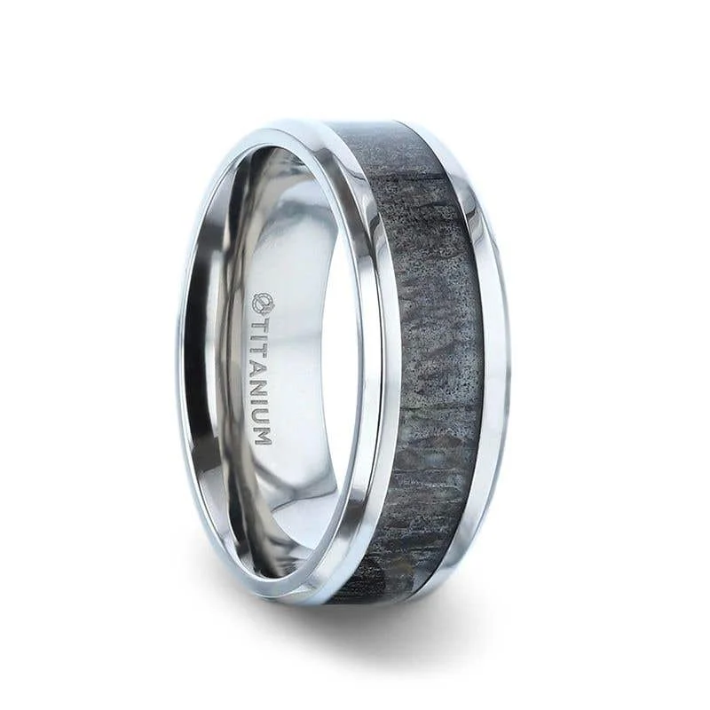 Men's beaded rings with semi - precious stonesThorsten MELANISTIC Dark Deer Antler Inlaid Titanium Flat Polished Finish Men's Wedding Band With Beveled Edges - 8mm Men's beaded rings with semi - precious stonesThorsten MELANISTIC Dark Deer Antler Inlaid Titanium Flat Polished Finish Men's Wedding Band With Beveled Edges - 8mm