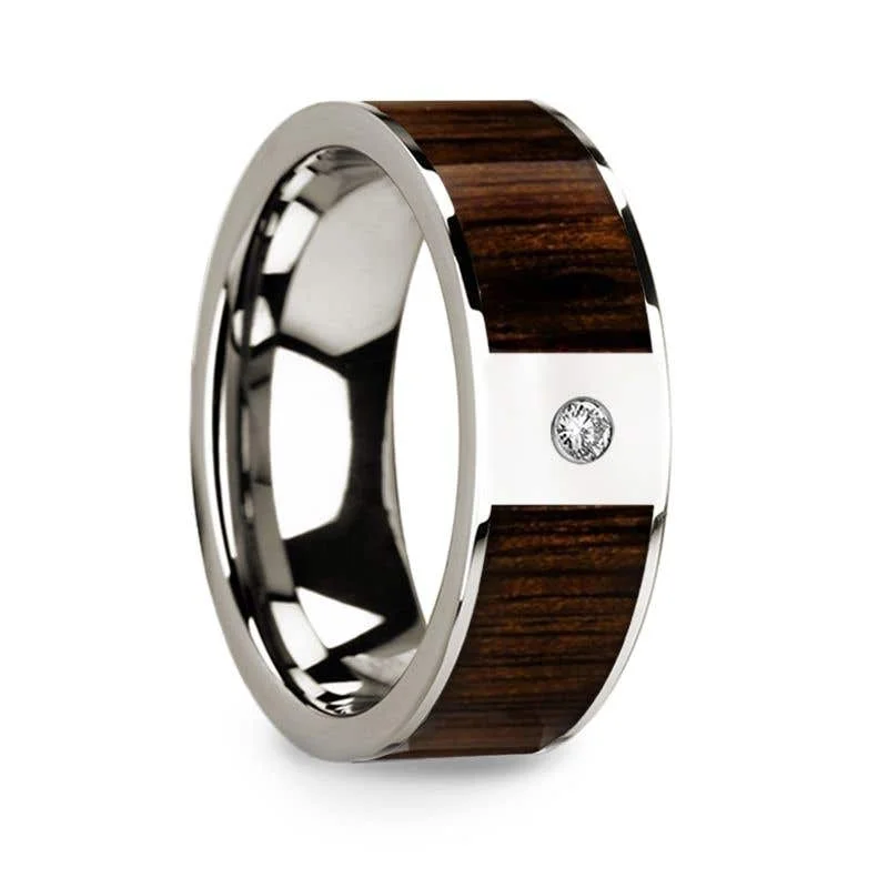 Men's music - note rings for musiciansThorsten 14k White Gold & Black Walnut Inlay Wedding Ring with Diamond - 8mm Men's music - note rings for musiciansThorsten 14k White Gold & Black Walnut Inlay Wedding Ring with Diamond - 8mm