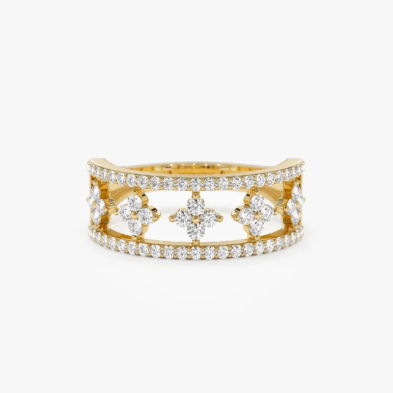 Vintage - Style Women's Diamond Rings with Floral - Engraved Bands and Multiple Diamond Accents14k Double Row Pave Diamond Ring w/ Diamond Cluster Accents Vintage - Style Women's Diamond Rings with Floral - Engraved Bands and Multiple Diamond Accents14k Double Row Pave Diamond Ring w/ Diamond Cluster Accents