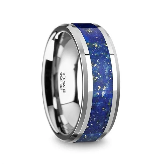 Men's sports - team logo rings for fansOSIAS Men’s Polished Tungsten Wedding Band with Blue Lapis Inlay & Beveled Edges Men's sports - team logo rings for fansOSIAS Men’s Polished Tungsten Wedding Band with Blue Lapis Inlay & Beveled Edges