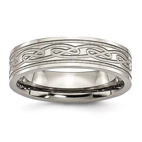 Men's meteorite - inlay rings for a cosmic touchTitanium Flat Laser Etched Celtic Knot 6mm Polished Band Men's meteorite - inlay rings for a cosmic touchTitanium Flat Laser Etched Celtic Knot 6mm Polished Band