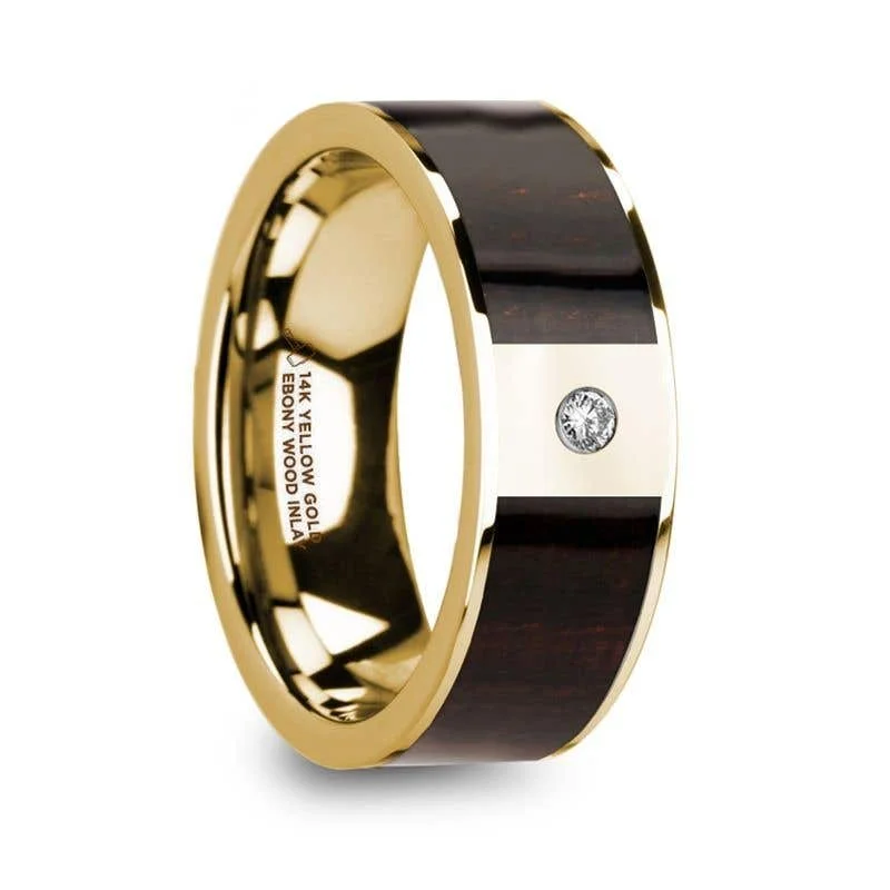 Men's rose - gold - plated rings for a trendy colorThorsten SERGIOS14k Yellow Gold Ebony Wood Inlay Flat Wedding Ring with Diamond Center - 8mm Men's rose - gold - plated rings for a trendy colorThorsten SERGIOS14k Yellow Gold Ebony Wood Inlay Flat Wedding Ring with Diamond Center - 8mm