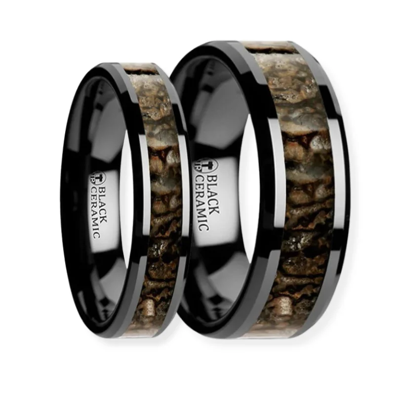 Men's waterproof rings for water - based activitiesThorsten SILURIAN Dinosaur Bone Inlaid Black Ceramic Beveled Edged Ring 4 - 8mm Men's waterproof rings for water - based activitiesThorsten SILURIAN Dinosaur Bone Inlaid Black Ceramic Beveled Edged Ring 4 - 8mm
