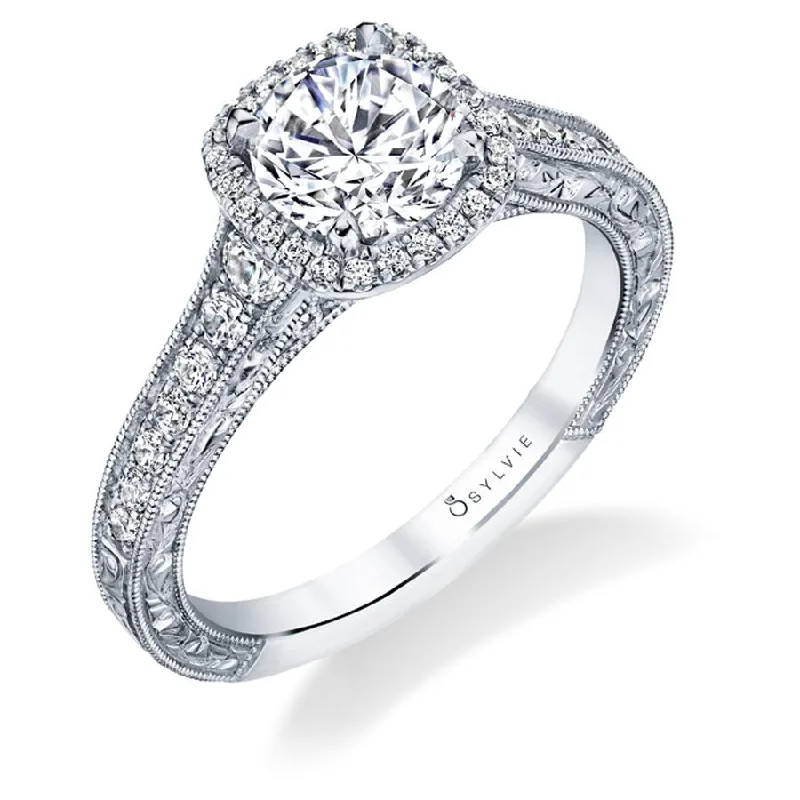 Sylvie Collection 14K White Gold Round Halo Engagement Ring Setting W. 1Ct Round Halo Sylvie Collection 14K White Gold Round Halo Engagement Ring Setting W. 1Ct Round Halo