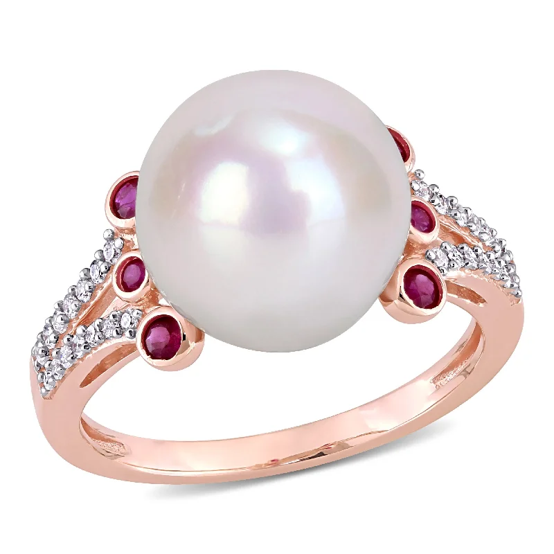 Miadora 11-12mm Cultured Freshwater Pearl 1/5ct TGW Ruby and 1/7ct TW Diamond Split Shank Ring in 10k Rose Gold Miadora 11-12mm Cultured Freshwater Pearl 1/5ct TGW Ruby and 1/7ct TW Diamond Split Shank Ring in 10k Rose Gold