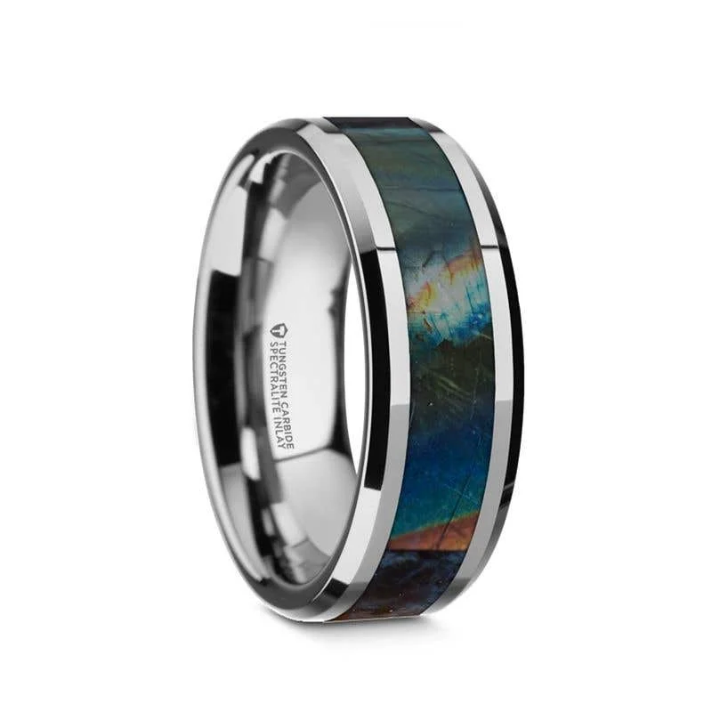Men's music - note rings for musiciansThorsten ESSENCE Beveled Tungsten Carbide Wedding Ring with Spectrolite Inlay Polished Finish - 8mm Men's music - note rings for musiciansThorsten ESSENCE Beveled Tungsten Carbide Wedding Ring with Spectrolite Inlay Polished Finish - 8mm