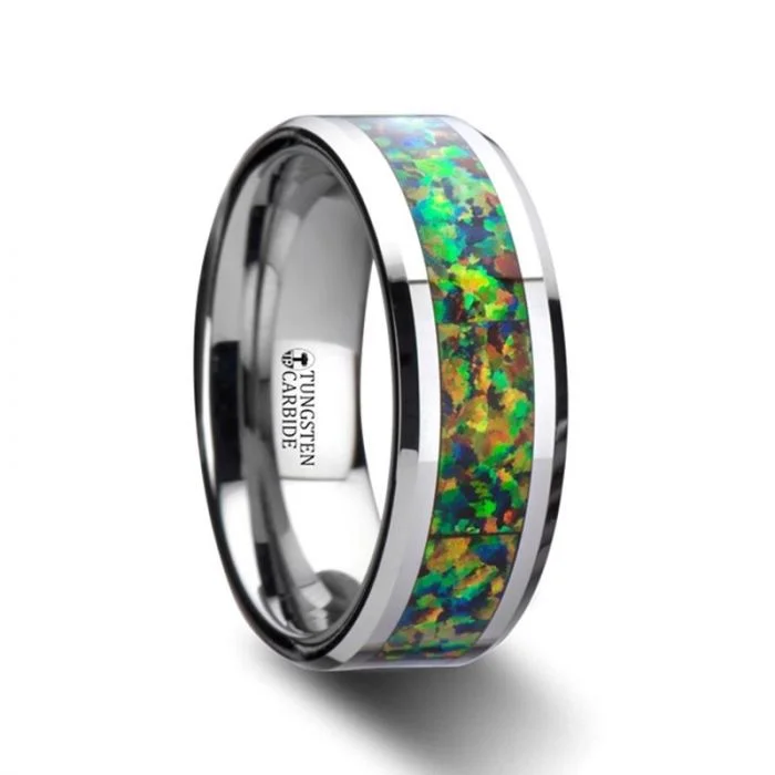 Men's diamond - encrusted engagement rings for a luxurious touchThorsten ETHEREAL Tungsten Carbide Ring with Blue & Orange Opal Inlay - 8mm Men's diamond - encrusted engagement rings for a luxurious touchThorsten ETHEREAL Tungsten Carbide Ring with Blue & Orange Opal Inlay - 8mm