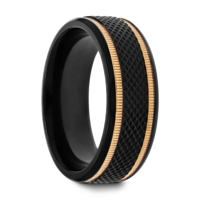 Men's Damascus - steel rings with a unique patternBAROQUE Black Titanium Diamond Pattern Brushed Finish Men’s Wedding Ring with Gold Milgrain Grooves Men's Damascus - steel rings with a unique patternBAROQUE Black Titanium Diamond Pattern Brushed Finish Men’s Wedding Ring with Gold Milgrain Grooves