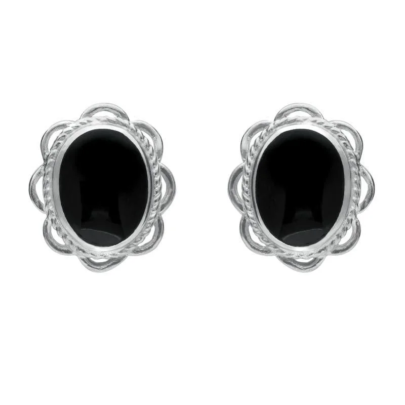 Sterling Silver Whitby Jet Large Rope Oval Frill Stud Earrings